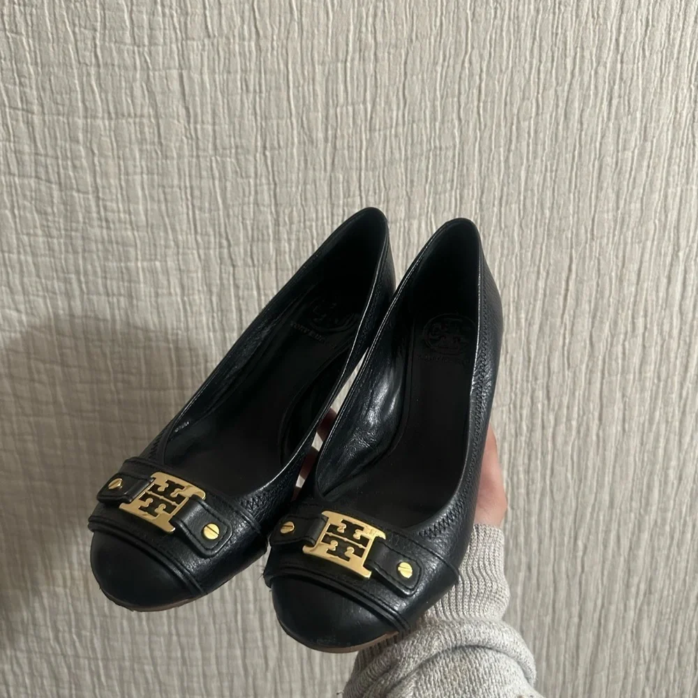 Tory Burch Black Flats with Gold Detailing